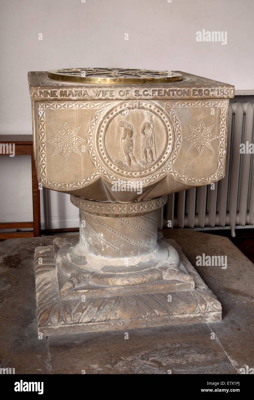 The font in St. Bartholomew`s Church, Tardebigge, Worcestershire, England, UK Stock Photo